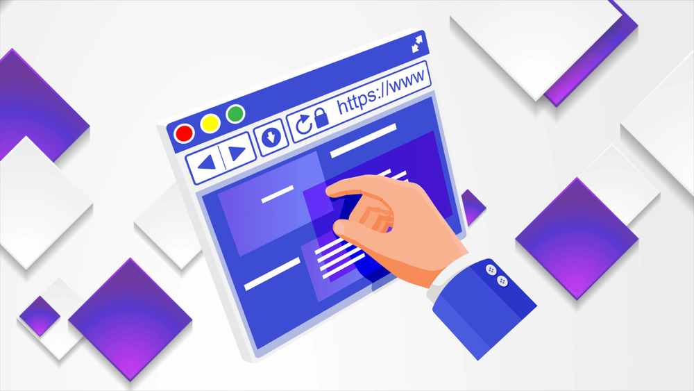 Illustration of a hand interacting with a stylized virtual browser online interface on a desktop background.