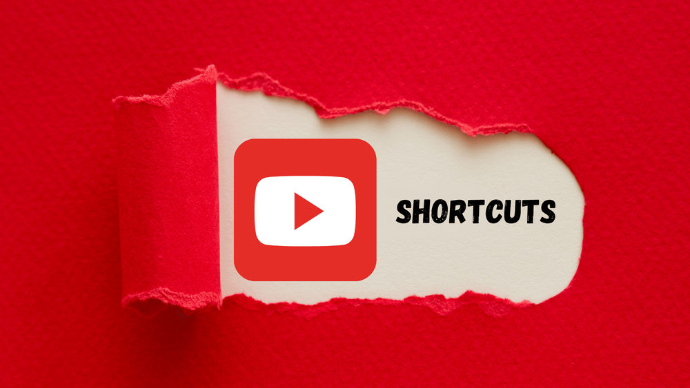 Red ripped paper revealing the YouTube logo with the word "SHORTCUTS" to its right, representing YouTube keyboard shortcuts