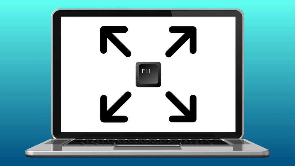 Computer with a full screen icon and the F11 key in the middle with a blue background, representing the full screen shortcut