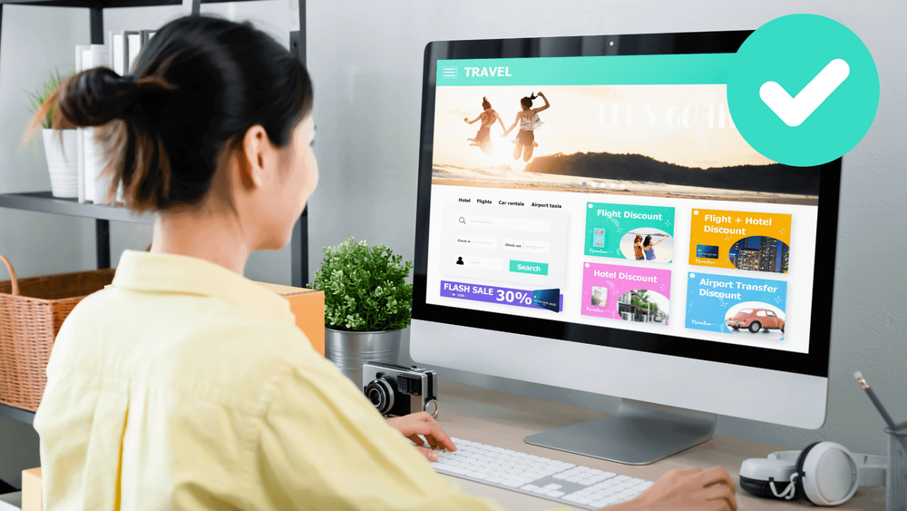 Woman on computer website with a checkmark, showing whitelist meaning